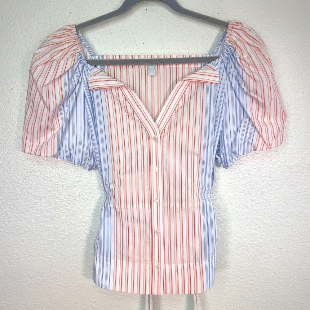 Derek Lam Blue & Coral Striped Puff-Sleeve Button Front Top